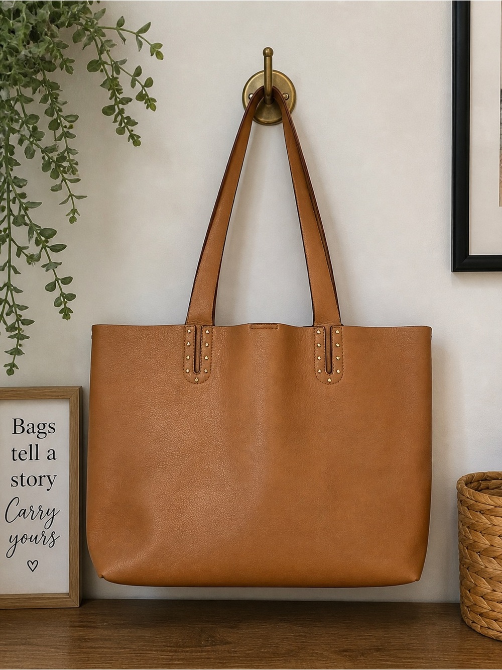 Everyday Tan Faux Leather Tote with Stud-Trim Straps